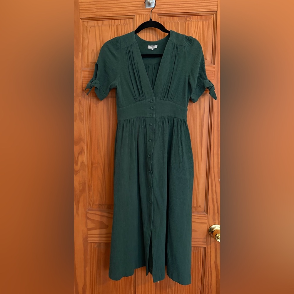 FRNCH Deep Green Midi Dress with Button Accents
